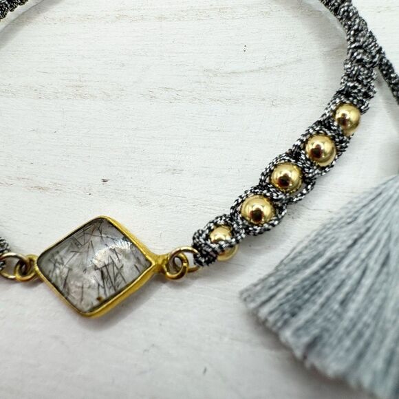 Rutilated Quartz Metric Silver Gold Bead Slide Bracelet Bohemian Boho Adjustable - Picture 1 of 8